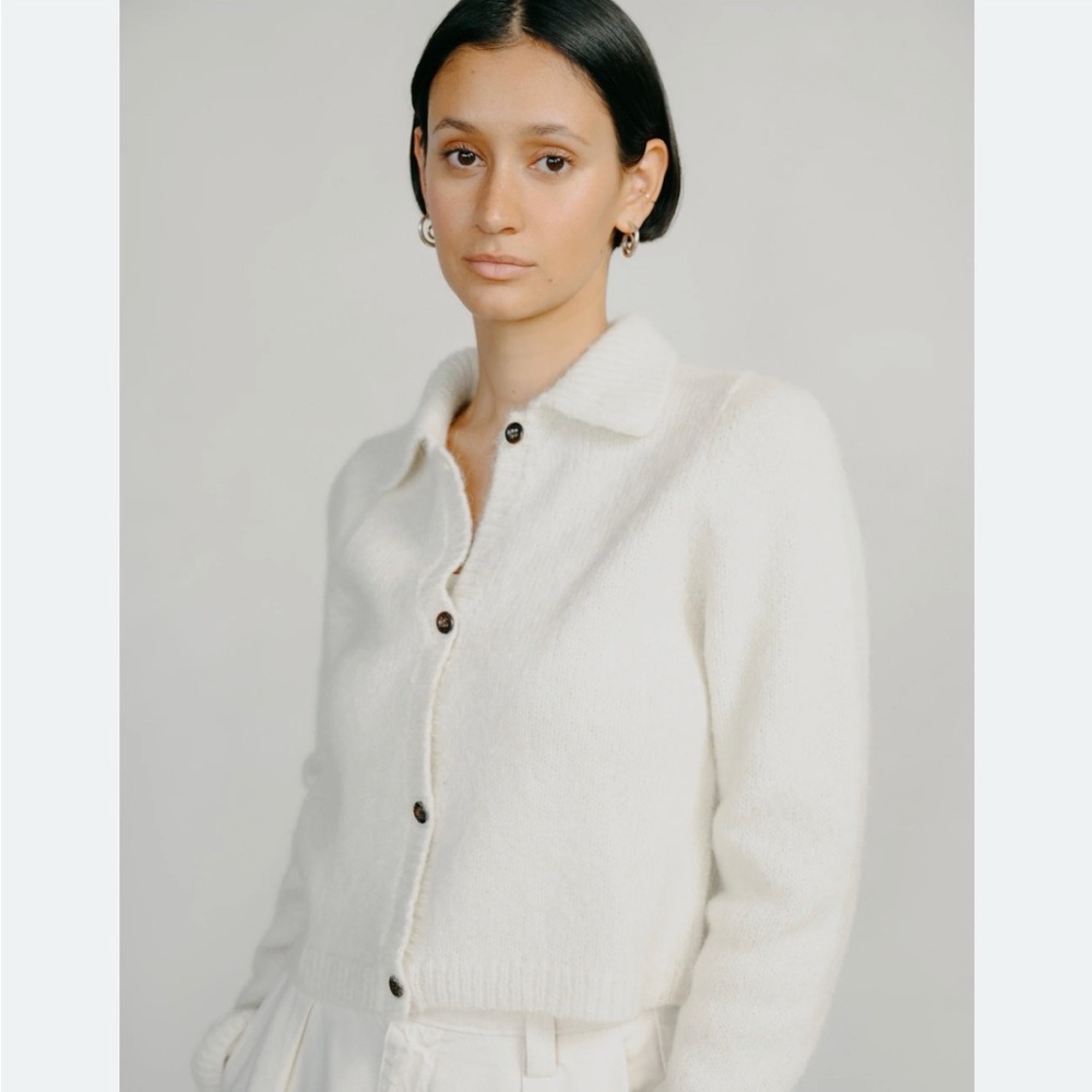 OZMA Cream Button-Up Collared Cardigan Sweater